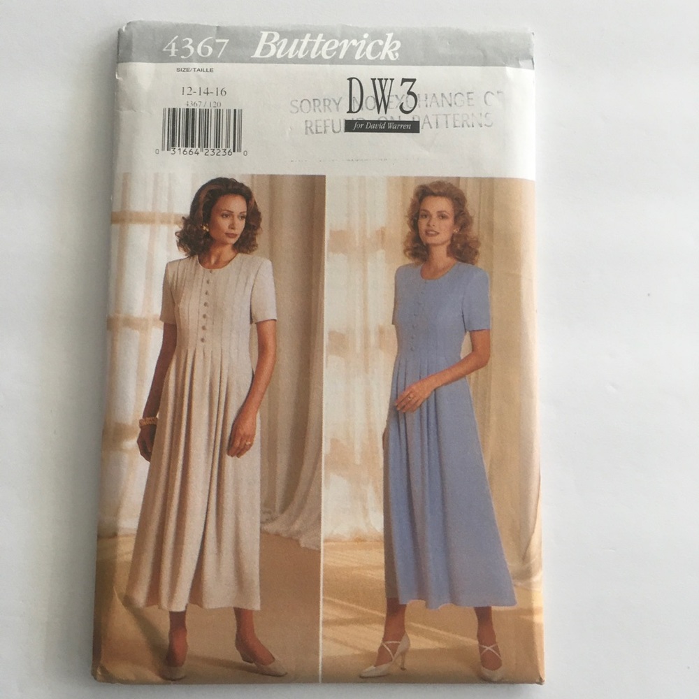 Butterick Sewing Pattern David Warren #4367 Size 12-14-16 $10/1 Patt $24/3 Patt